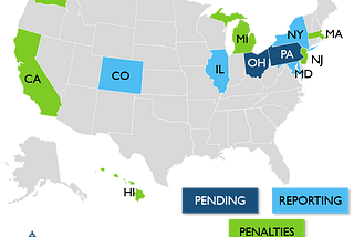 A map showing the 12 states that have reporting requirements or penalties for board diversity.