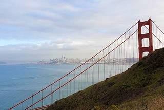 The Golden Gate Bridge with San Francisco’s skyline in the background.