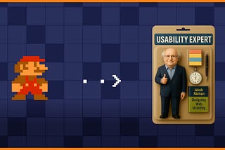 An illustration depicting the evolution of an 8-bit Mario to a high-resolution AI-generated 3D blister-packaged model of Jakob Nielsen.