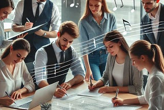 A group of people is gathered around a table, collaborating and working together. Some are using laptops, while others are writing. Musical notes are overlaid on the image, suggesting a connection to music or creative work.