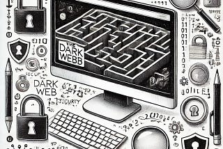 A black-and-white pencil sketch showing a computer screen with a maze-like interface surrounded by symbols of security and monitoring tools.