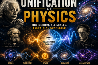A cinematic science-themed infographic poster titled “Unification of Physics.” The image features portraits of Albert Einstein, James Clerk Maxwell, and Erwin Schrödinger surrounding a glowing central sphere labeled “Energy + Space-Phase (Medium).” Blue and gold energy waves flow across the scene, connecting visual representations of atoms, chemistry, stars, galaxies, and the cosmic web. A bright spiral galaxy appears in the upper right against a deep space background filled with stars and nebul