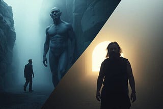 A split image. The first image shows a man walking alongside a much taller, blue-skinned humanoid. They are entering a narrow tunnel, carved from rock inside a mountain. A white-blue mist surrounds them. The second image shows a haggard, bearded man in his 50s walking behind a stocky woman as she leads them into a tunnel with a golden light at the end.