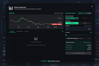 Screenshot of Gero Dashboard showing decentralized perpetual futures trading on Cardano, with the Strike Finance integration. The interface displays ADA/USD price chart, long and short position options, leverage controls, and non-custodial trading features inside the Gero Wallet, a Cardano-based crypto wallet for DeFi and on-chain trading.