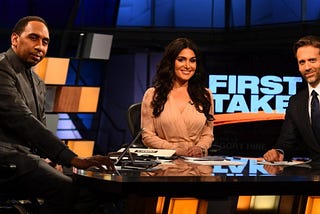 Left to right: Stephen A Smith, Molly Qerim, and Max Kellerman. Hosts and moderator of First Take on the First Take set