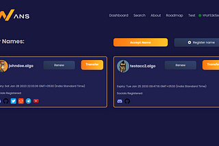 User dashboard of Algorand Name Service v1.0