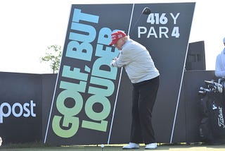 Former President Donald Trump on the tee at the LIV Golf DC Pro-Am at Trump National Golf Club Washington DC in Sterling, VA on May 25, 2023. Credit: SOPA Images Limited/Alamy Live News