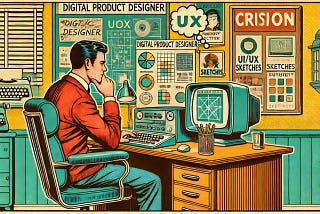 Image showing irony of a retro designer thinking about modern technologies