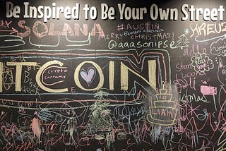 Chalkboard art spelling out Bitcoin