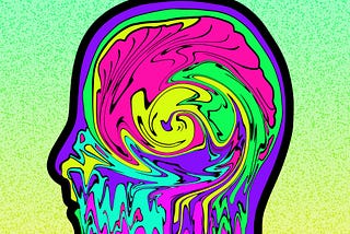 Digital drawing of a silhouetted head with swirls of pink, yellow, green, purple, and blue inside where the brain would be.