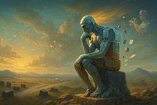 A surreal digital painting of a giant statue-like figure resembling Rodin’s The Thinker, sitting on a stone block in a vast golden landscape at sunset. The figure’s left side is solid stone, while its right side breaks apart into glowing geometric panels, wooden planks, and scattered paper sheets that dissolve into the sky. A faint bust drifts away in the distance, while birds fly across the horizon and dark monolithic blocks dot the winding path below.