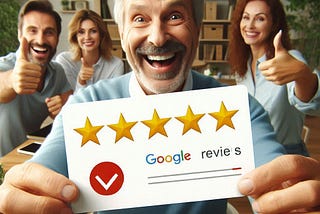 A happy customer holding a five-star reviewed card