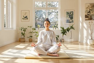 Woman meditating in sunlit room with plants and botanical art.