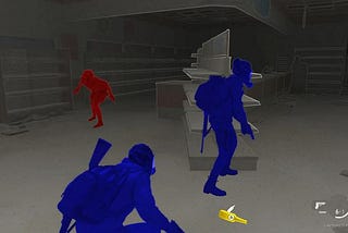 Screenshot from the “high-contrast mode” in The Last of Us: Part 2. Player and friendly characters are blue, enemies are red, and interact-able objects and items are yellow. The background is completely grey.