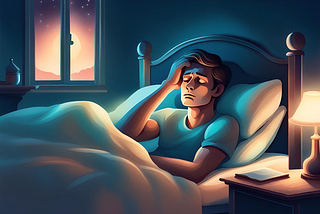 Illustration of a man in bed who can’t sleep because he can’t stop thinking