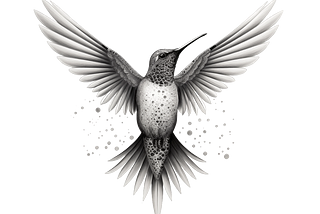 Black and white illustration of a hummingbird flying