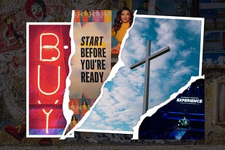 A collage of photos atop a faded out image of graffiti — the photos include a neon “Buy” sign, signage that says “Start before you’re ready” featuring Marie Forleo’s face from her book tour, a large cross in front of a cloudy sky, and Hammerstein Ballroom during Marie Forleo’s Everything Is Figureoutable Experience
