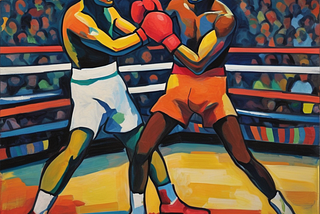 Image generated with Stable Diffusion | prompt (by author): “A fauvist painting of an Olympic boxing game”