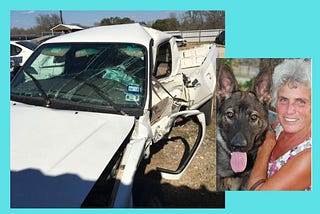 White toyota pickup with the driver’s side caved in after the collison. Another photo of the author smiling with her German Shepherd dog, Paladin.