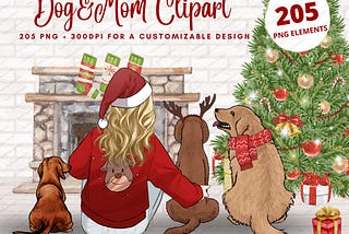 Christmas Dog Mom Clipart,Winter Clipart,Best Friends Clipart,Girl with Dog,Dog Clipart,Holiday,Xmas illustration,Family Christmas PNG-CA132