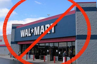 Walmart sign with a red circle and line through it.