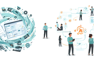 An abstract image thet shows a swirling vortex of screens and machine parts on the left and a group of people working with some structured process flows on the right.