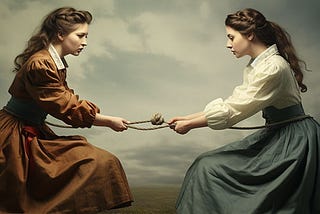A dramatic painting of two women playing tug of war with a rope, wearing late 19th century style dresses, and with a dark cloudy sky in the background.
