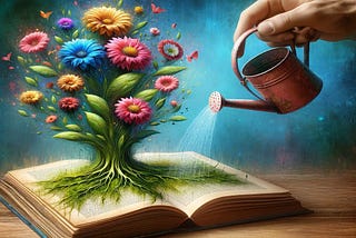 Surreal and artistic image for a Medium.com story, featuring a book with flowers growing out of it. A hand is watering these flowers, symbolizing growing knowledge. Image created by Mohamed Bakry with AI tool — the author has the provenance and copyright.