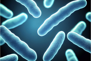Close-up digital illustration of rod-shaped bacteria with a blue, textured surface floating in a dark background, resembling pathogenic bacteria seen under a microscope.
