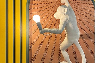 Primate climbing a patterned wall with a light, looking for something. Apophenia. Randomania.