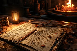 An illustration of an old book laying on a weathered writing desk covered in dried flowers. A cozy fire crackles in the background.