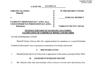 Chelsey Glasson v. User Experience Professionals Association International, Lawsuit Cause No. 236–358943–24. Filed in Tarrant County, Texas on 10/23/2024