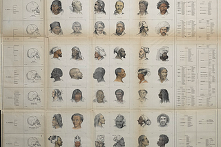 “Ethnographic Tableau. Specimens of Various Races of Mankind” created by Josiah Clark Nott, an influential early 19th-century race theorist who promoted polygenism (the false belief that human races are of different origins) and racial supremacy.