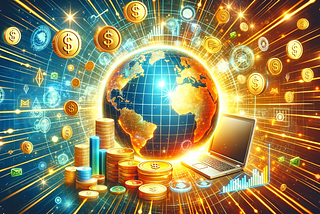 Vibrant digital world showcasing symbols of online earning.