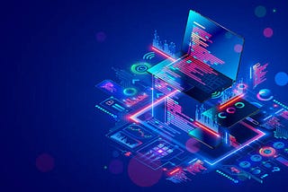 This image depicts a vibrant digital illustration of a laptop with various layers of technology and circuitry radiating outward. Neon colors highlight different components like graphs, code snippets, and digital interfaces, symbolizing advanced computing and software development.