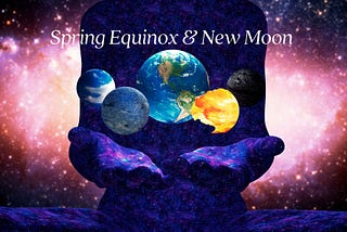 Image of cosmic background with person levitating Earth, Moon and Planets