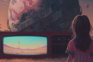 Futuristic digital art of a young kind with long hair looking at a wide retro-like TV screen while plants appear large in the sky behind.