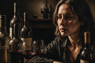 Image shows a woman with a sad expression and several wine bottles and wine glasses in front of her.