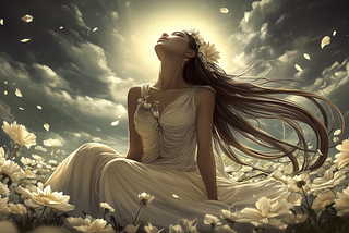 Woman in a white dress sits in a field of flowers, looking up with eyes closed, reflecting serenity and self-acceptance.