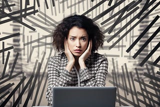 A photorealistic image of a professional worried woman wearing a black and white striped blouse, seated in an office setting, looking at a computer laptop diplay with a look of confusion. In the foreground, there should be an open laptop. The background should have a digital neural network pattern overlaying it, symbolizing connectivity or complex data networks. The mood is serious and contemplative. created in MidJourney