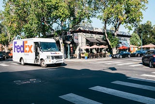 Fedex truck on street.