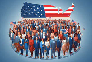 AI created image of people standing before a US flag US shaped