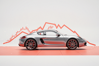 Silver Porsche Cayman with a red declining stock chart in the background, symbolising Porsche AG (P911) stock performance.
