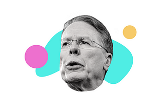 black and white image of Wayne LaPierre with various bold colored shapes around him