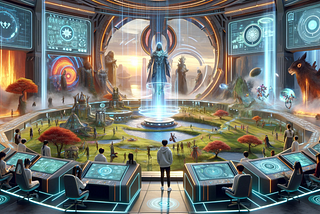 A futuristic lab with screens around a central hologram in a circle. A man is standing with the back to the viewer, observing the scene.