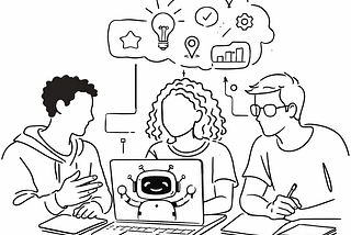 3 students brainstorming with a robot on the laptop screen.