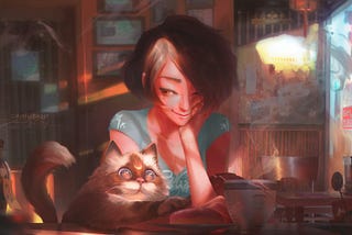 A girl at a café, about to have coffee. A cat beside her tries to grab something with its paw. Cat has a moon shaped spot.