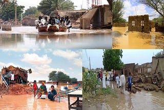 People using boats to travel within neighborhoods because of heavy flooding, people sitting on floating beds, Houses drenched