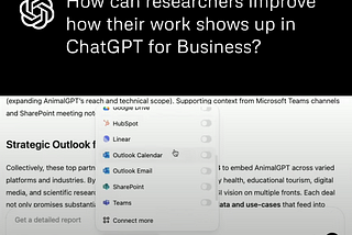 How can researchers improve how their work shows up in ChatCPT for Business? Includes image of ChatGPT UI, where connected sources are being selected.