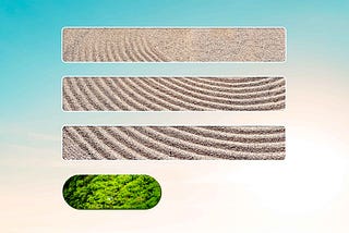 An abstract representation of 3 form fields and a submit button on a blue sky background. The fields are illustrated with 3 narrow images of a zen sand garden, and the submit button is filled with greenery.